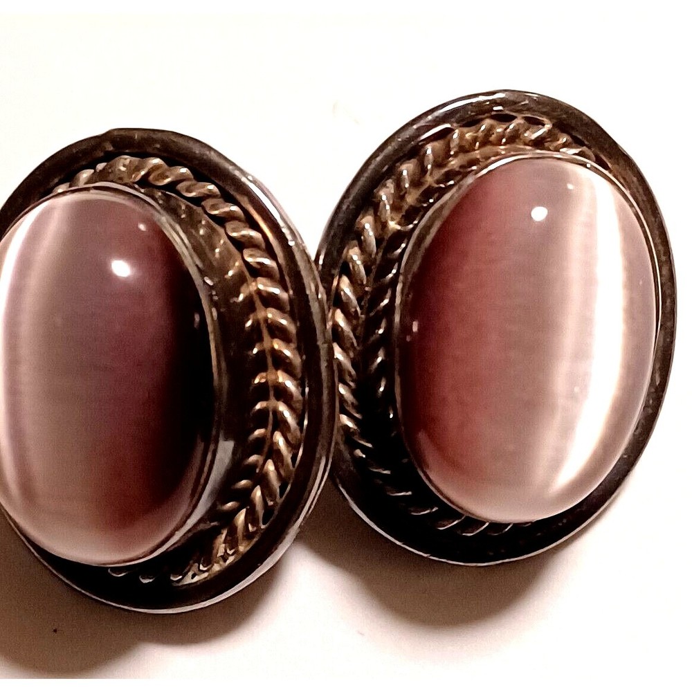 Mexico 925 Silver  Vintage Purple Cat's Eye Clip On Earrings TV-41 Mexico 925